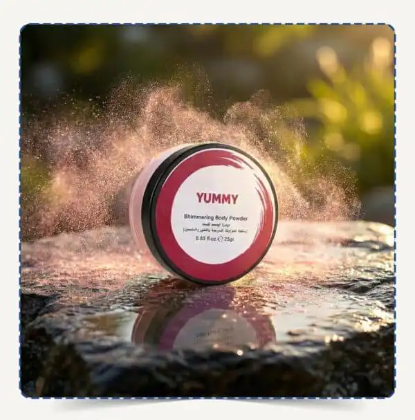 علبة Yummy Body Powder دائرية وسط تناثر ذرات البودرة اللامعة تحت أشعة الشمس الذهبية