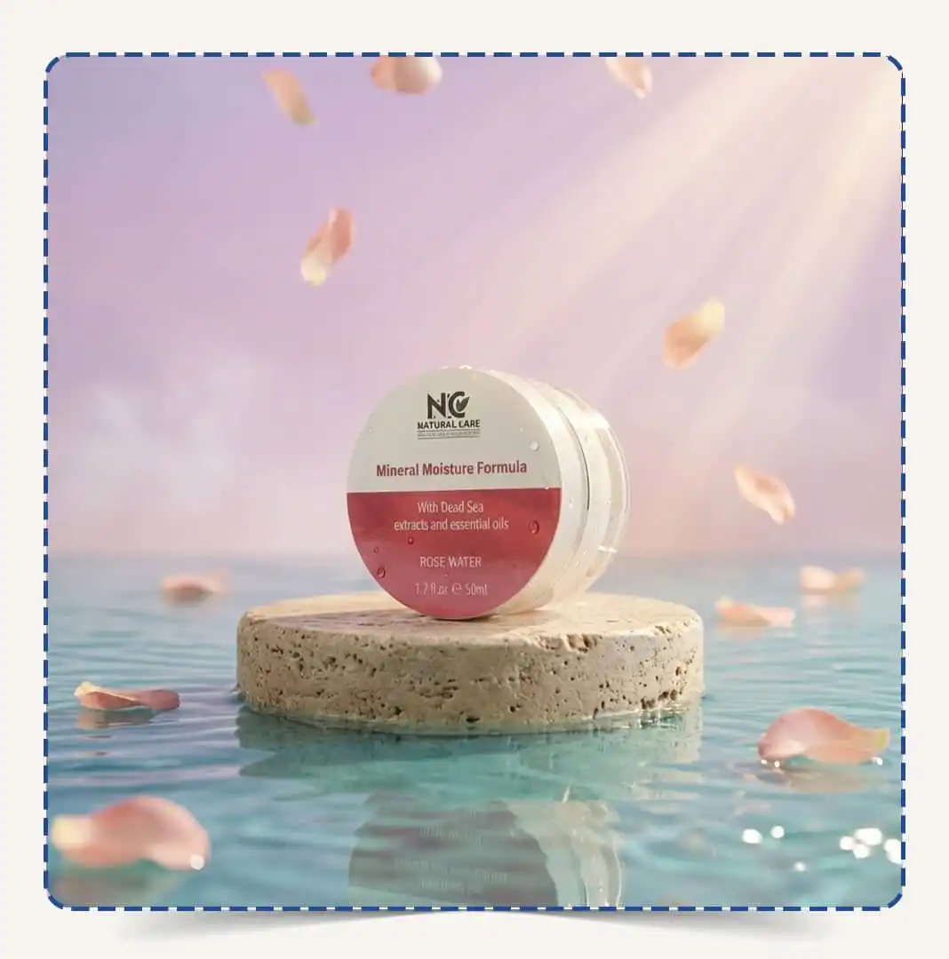 كريم الترطيب المعدني – Mineral Moisture Formula Cream من Natural Care Oman | ناتشورال كير عمان على قاعدة حجرية فوق ماء مع بتلات ورد