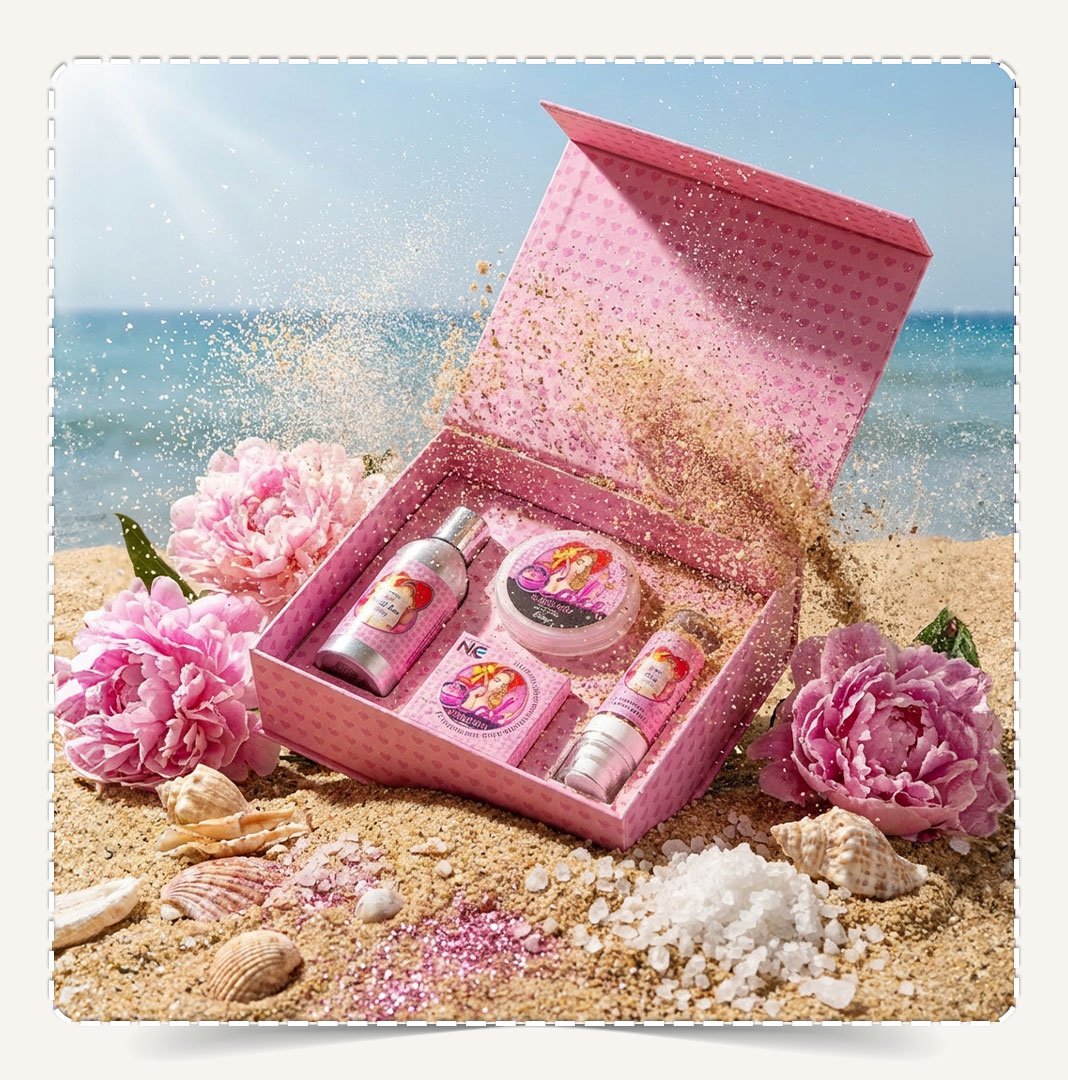 أفضل طقم هدايا للعروس NC Shiny Gift Set من ناتشرال كير مدفون في رمال الشاطئ مع زهور الفاوانيا الوردية وأملاح البحر الميت