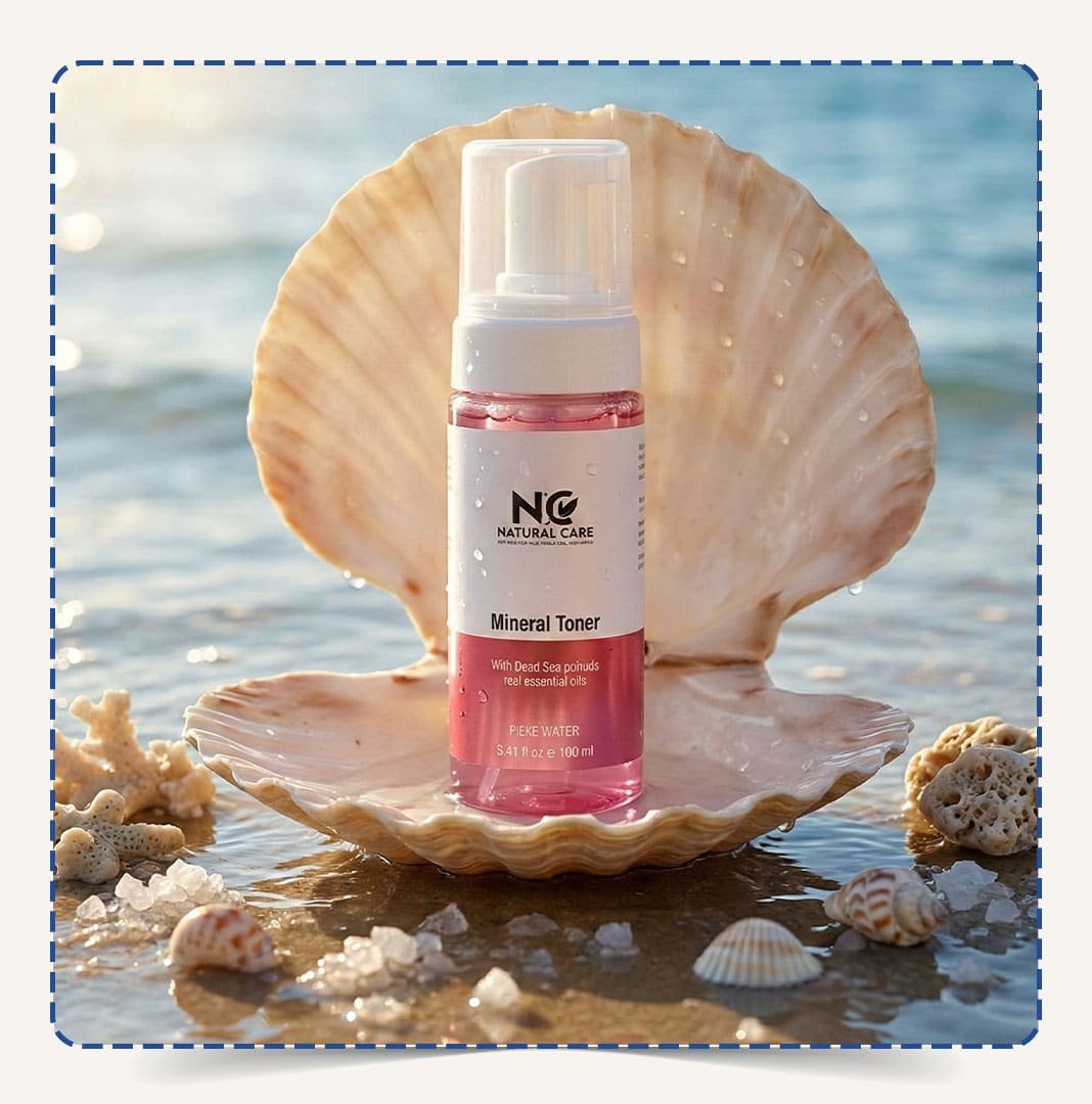 تونر المعادن بماء الورد | Mineral Facial Toner من ناتشورال كير عمان | Natural Care Oman – عبوة تونر داخل صدفة مع البحر والأصداف