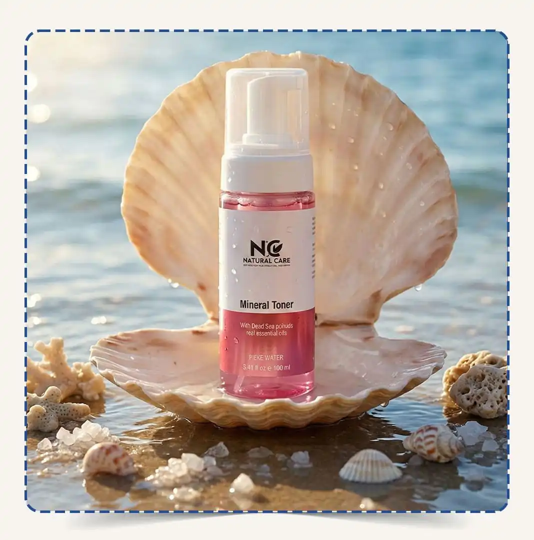 تونر المعادن بماء الورد | Mineral Facial Toner من ناتشورال كير عمان | Natural Care Oman – عبوة تونر داخل صدفة مع البحر والأصداف