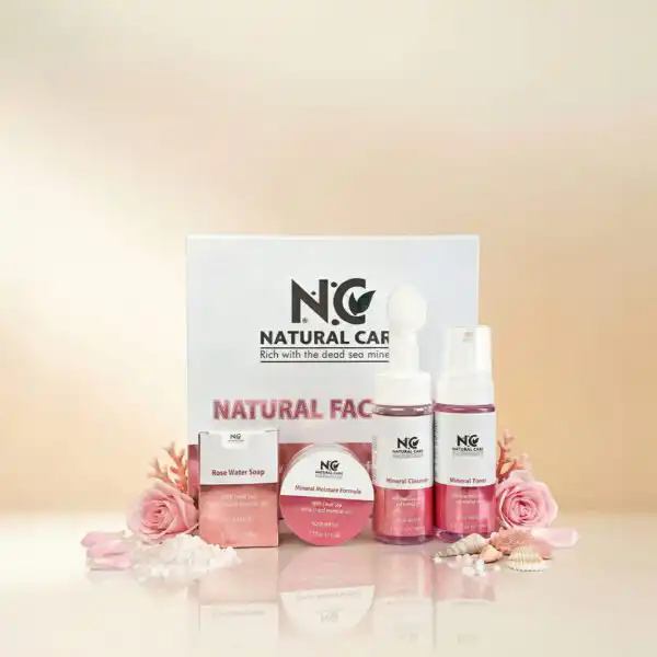 مجموعة صندوق طقم العناية بالبشرة - NC FACE CARE المتكامل من ناتشرال كير عمان، يحتوي على غسول، تونر، كريم، وصابونة بخلاصة ماء الورد، محاطة بأملاح البحر الميت والورود الطبيعية.