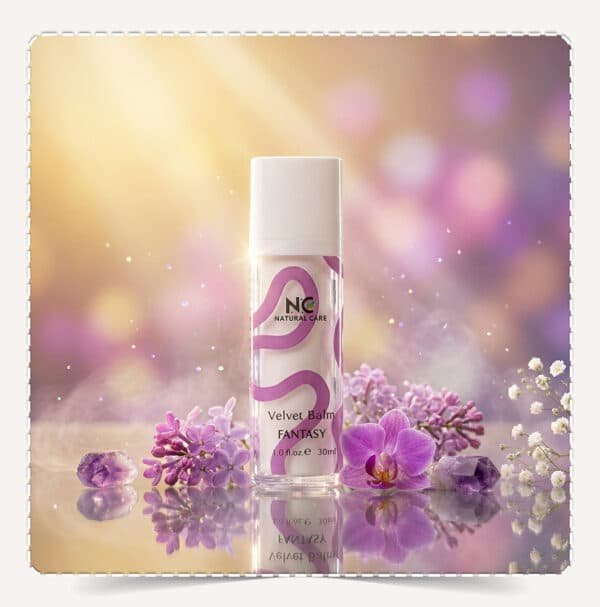 لمسة مخملية فانتزي - Velvet Balm Fantasy عبوة 30 مل مع أزهار بنفسجية وكريستالات أميثيست | Natural Care Oman ناتشيرال كير عمان