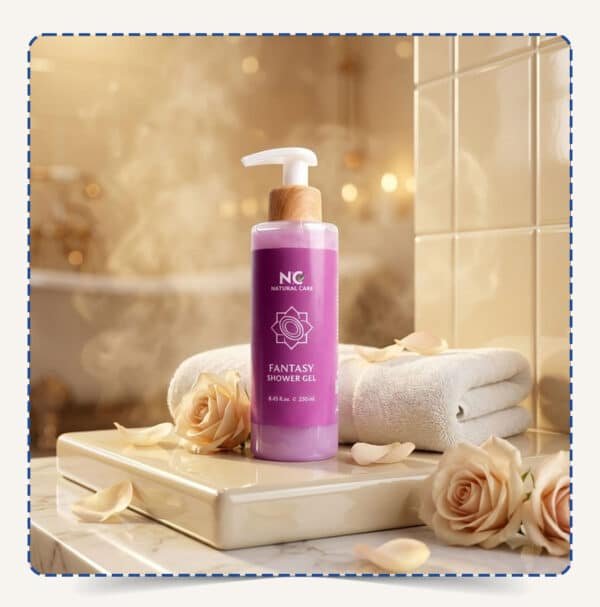 Fantasy Shower Gel | شاور جيل فانتازيا من Natural Care Oman زجاجة بمضخة بيضاء وسائل بنفسجي مع منشفة وورد وبتلات في حمام بإضاءة دافئة