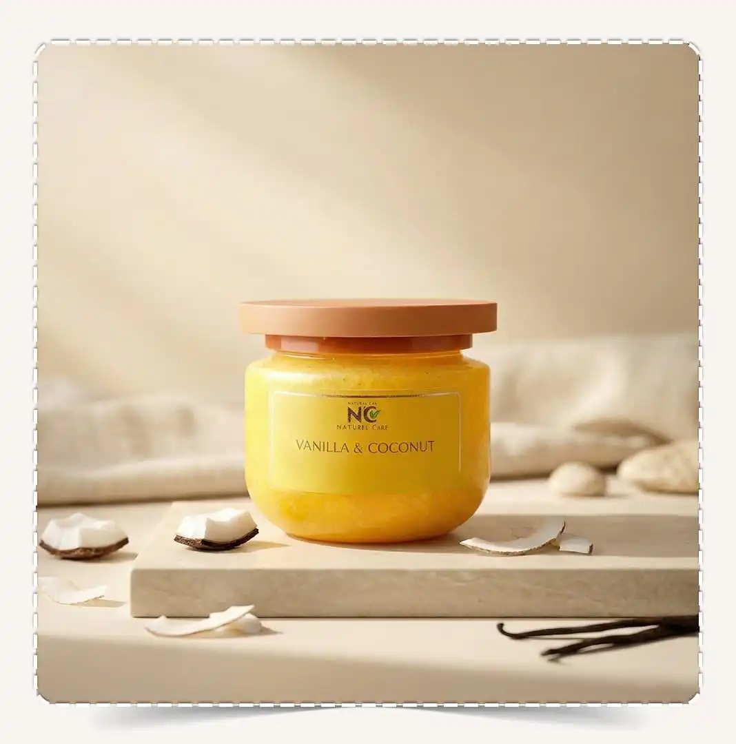 مقشر جسم طبيعي بزيت جوز الهند والفانيليا Natural Body Scrub Vanilla & Coconut مع قطع جوز الهند وعيدان الفانيليا على سطح حجري.