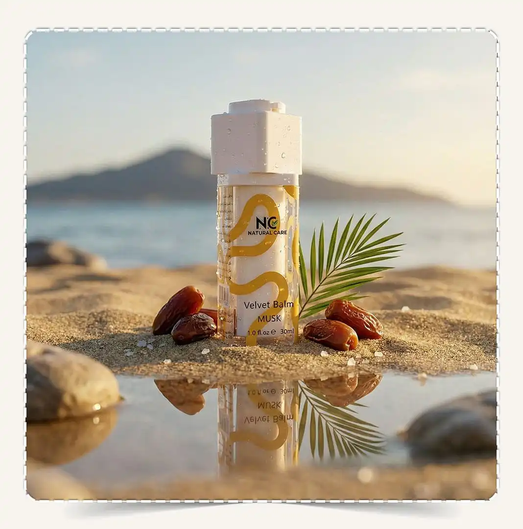 فيلفت بالم مسك Velvet Balm Musk من Natural Care Oman ناتشيرال كير عمان – المنتج على رمال الشاطئ مع تمر وأجواء غروب