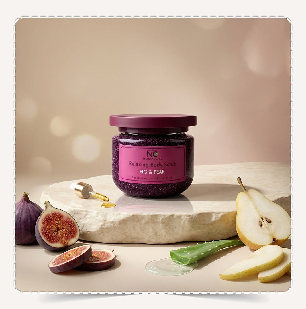 عبوة مقشر جسم طبيعي بزيت التين والكمثرى Natural Body Scrub Fig & Pear مع ثمار التين الطازجة وشرائح الكمثرى وزيت الألوفيرا.