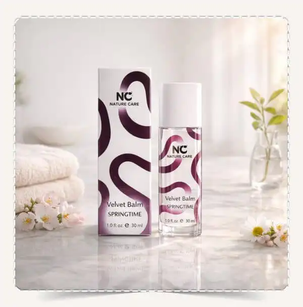 لمسة مخملية سبرينغ تايم Velvet Balm Springtime رول أون مع العلبة على رخامة مع زهور ومناشف | Natural Care Oman ناتشيرال كير عمان