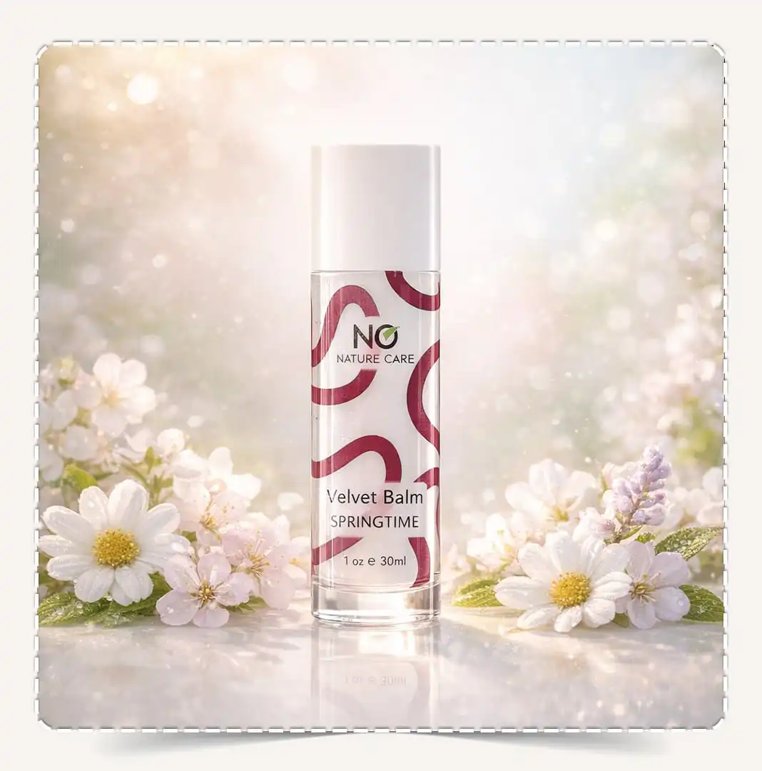 عبوة لمسة مخملية سبرينغ تايم Velvet Balm Springtime رول أون وسط أزهار ربيعية وخلفية بوكيه ناعمة | Natural Care Oman ناتشيرال كير عمان