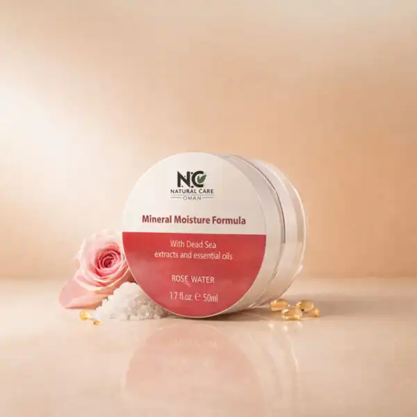عبوة كريم الترطيب المعدني Mineral Moisture Formula Cream من ناتشرال كير عمان، بخلاصة ماء الورد، محاطة بوردة وردية نضرة وأملاح البحر الميت وكبسولات الزيوت العطرية لترطيب عميق.