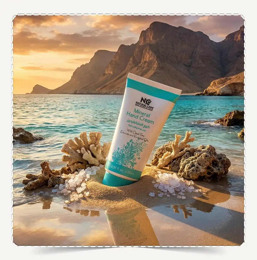 كريم العناية باليدين Mineral Hand Cream على رمال الشاطئ في عمان وقت الغروب مع شعاب مرجانية.