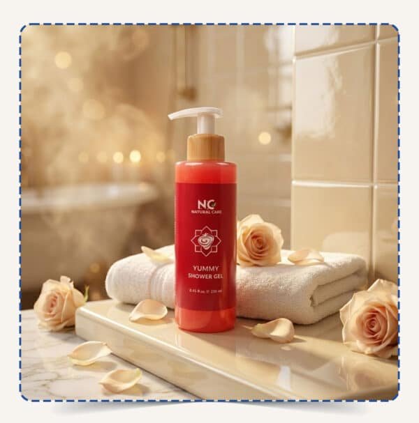 Yummy Shower Gel | شاور جيل يامي من Natural Care Oman زجاجة بمضخة بيضاء وملصق أحمر بجانب منشفة وورود داخل حمام بإضاءة دافئ