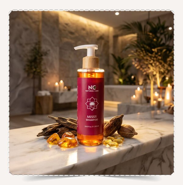 عبوة شامبو ميسي Missy Shampoo بغطاء خشبي مع العود والعنبر وفيتامين E في سبا.