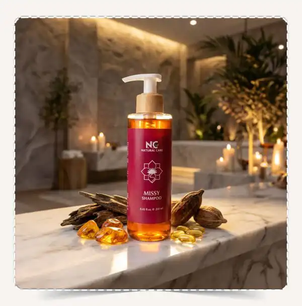 عبوة شامبو ميسي Missy Shampoo بغطاء خشبي مع العود والعنبر وفيتامين E في سبا.