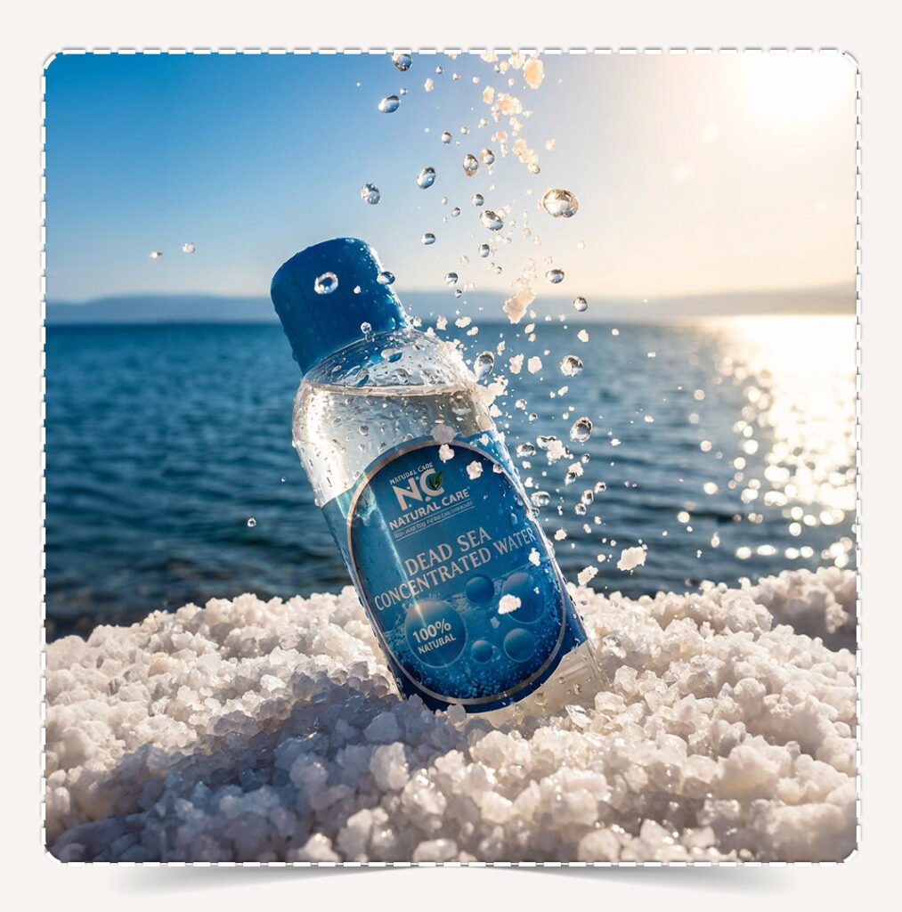 زيت المغنيسيوم Magnesium Oil مدفون في بلورات ملح البحر الميت مع رذاذ ماء متطاير.