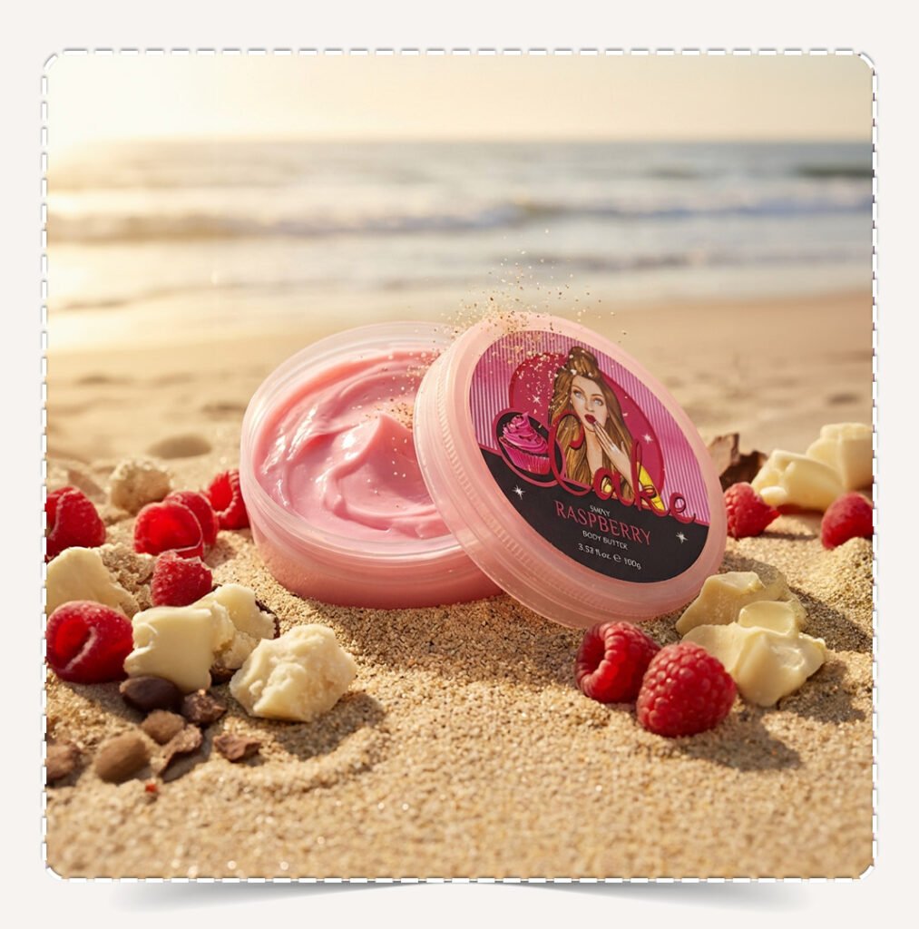 أفضل زبدة جسم طبيعية برائحة الراسبيري Raspberry Natural مفتوحة تظهر القوام الوردي الكريمي مدفونة في رمال الشاطئ مع زبدة الشيا.