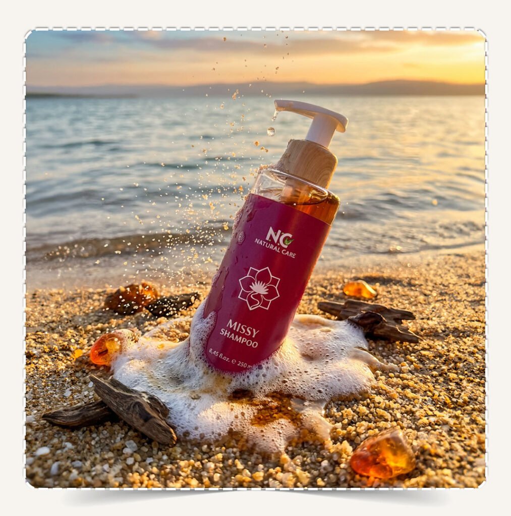 شامبو ميسي Missy Shampoo مدفون في رمال الشاطئ مع رذاذ الرمل والرغوة الغنية والعود.