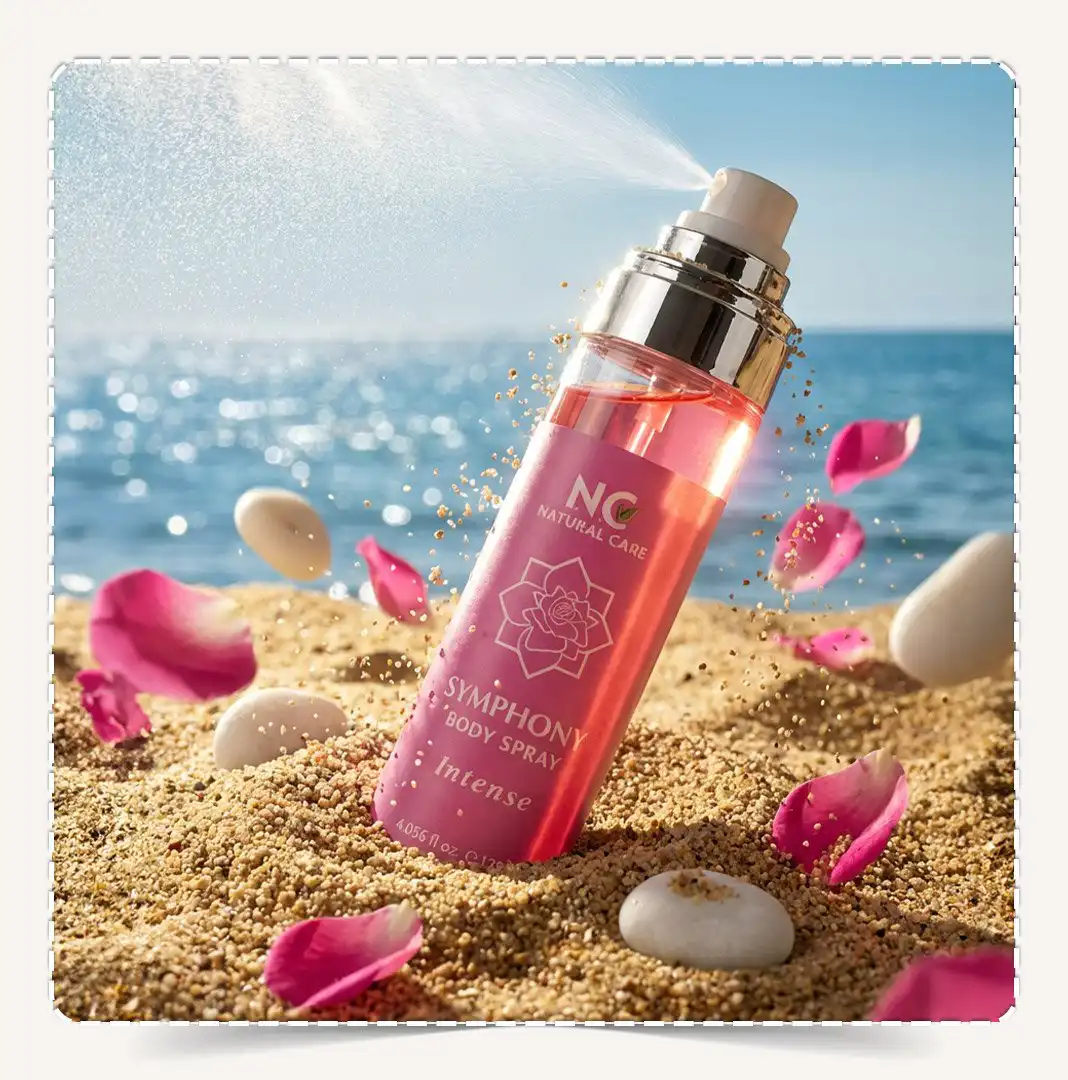 معطر الجسم سيمفوني مدفون في رمال الشاطئ مع بتلات ورد متطايرة ومسك ورذاذ.