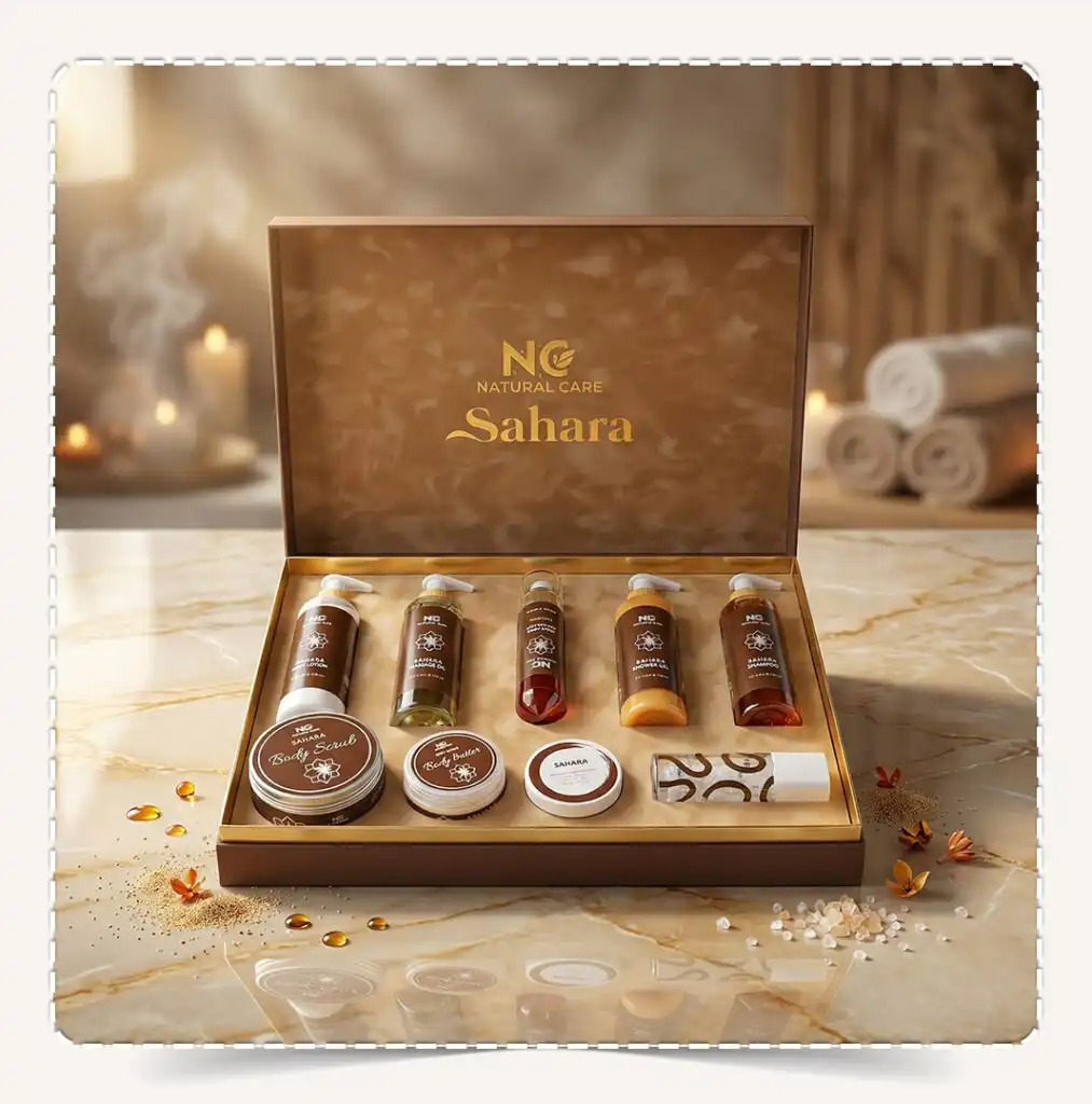 صندوق مجموعة صحارى | Sahara Collection المفتوح بعبواته البنية الفاخرة على رخام أبيض في أجواء سبا دافئة مع أملاح البحر الميت.
