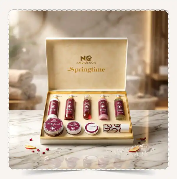 مجموعة سبرينج تايم | Springtime Collection معروضة في صندوق هدايا فاخر على رخام أبيض في أجواء سبا مع أملاح البحر الميت.