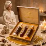 صندوق مفتوح يعرض محتويات مجموعة العناية اليومية صحارى من ناتشرال كير عمان والتي تضم لوشن، معطر، وجل استحمام، في أجواء سبا فاخرة مع سيدة تسترخي وسط الفانيليا والشموع.