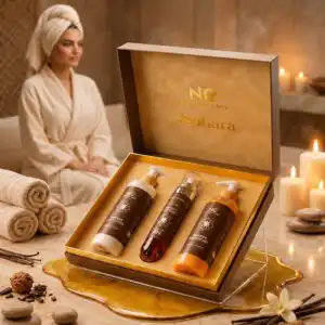 صندوق مفتوح يعرض محتويات مجموعة العناية اليومية صحارى من ناتشرال كير عمان والتي تضم لوشن، معطر، وجل استحمام، في أجواء سبا فاخرة مع سيدة تسترخي وسط الفانيليا والشموع.